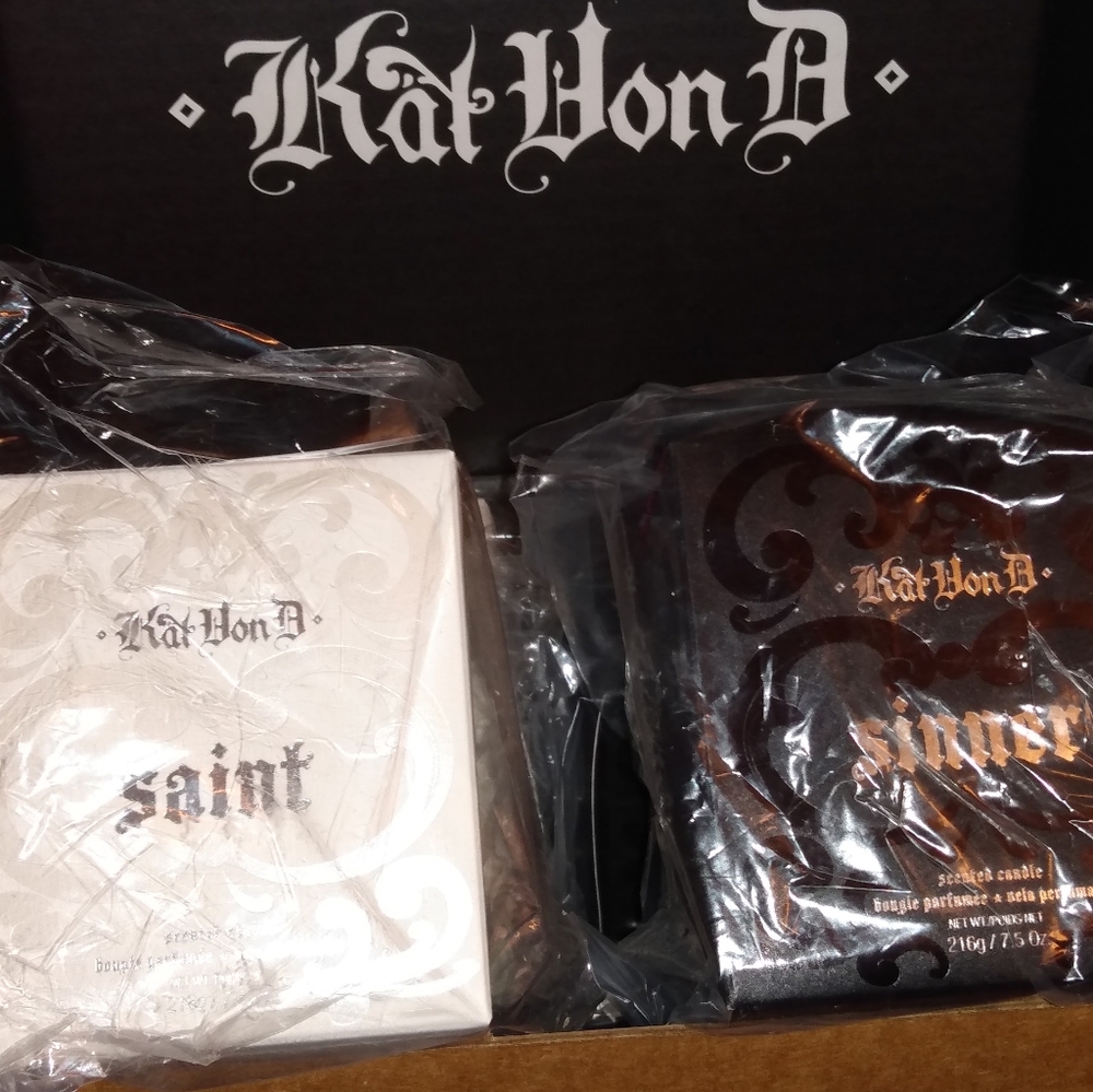 KAT VON D KVD GLASS HOLDER SAINT & SINNER CANDLES BNIB 4 1 SET